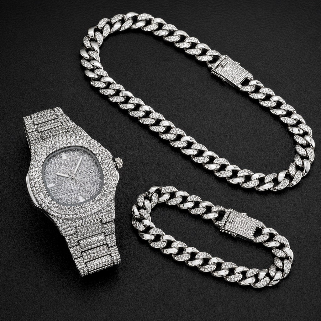 Relógio De Céu Estrelado Masculino Com Pulseira Corrente Cravejada Pulseira Masculina Cadeia Cubano Corrente Relogio Kit