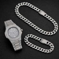 Relógio De Céu Estrelado Masculino Com Pulseira Corrente Cravejada Pulseira Masculina Cadeia Cubano Corrente Relogio Kit