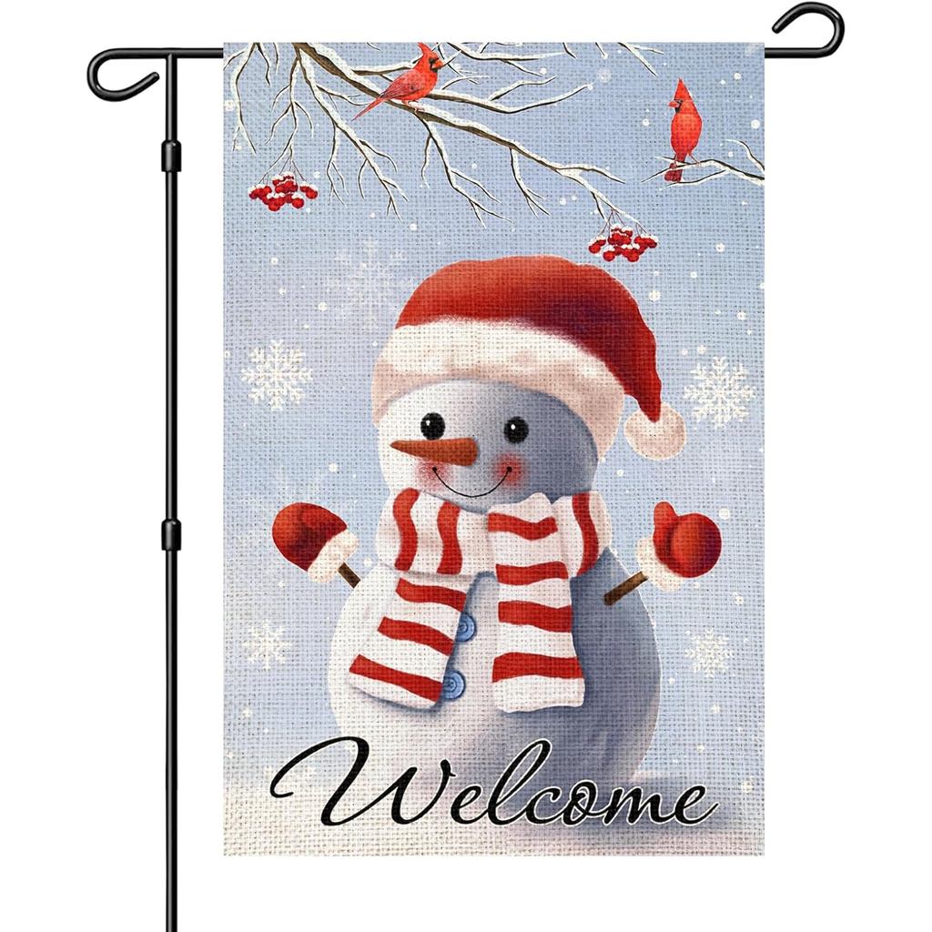 Bandeira de Jardim de Inverno com Boneco de Neve 12x18 Polegadas, Dupla Face, Flocos de Neve, Pássaro Cardeal, Pequenas 