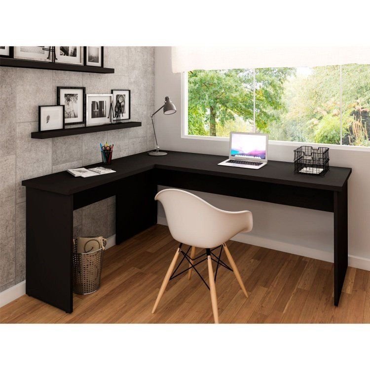Mesa de Canto em L para Escritório Tampo 140cm Preto Preto