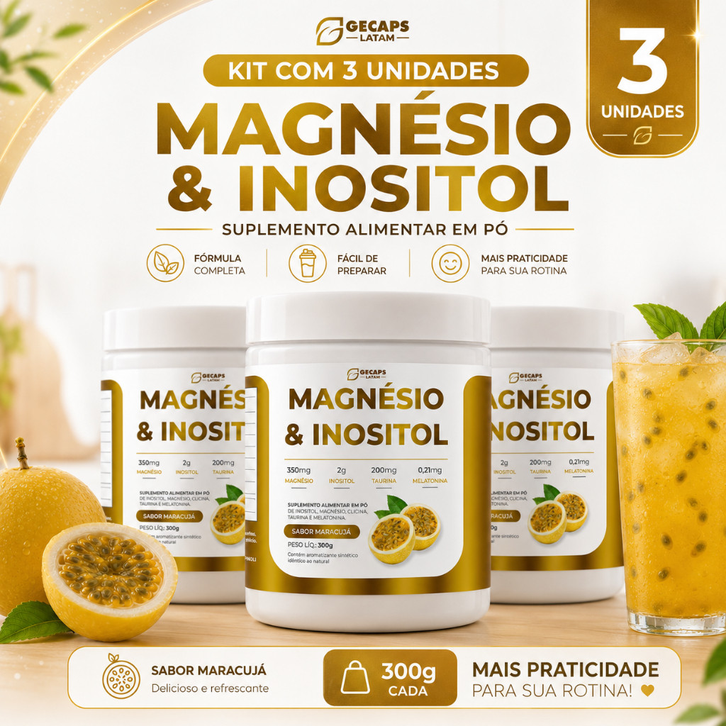 Kit 3 Magnésio Inositol Gecaps Latam 300g Maracujá Suplemento Alimentar