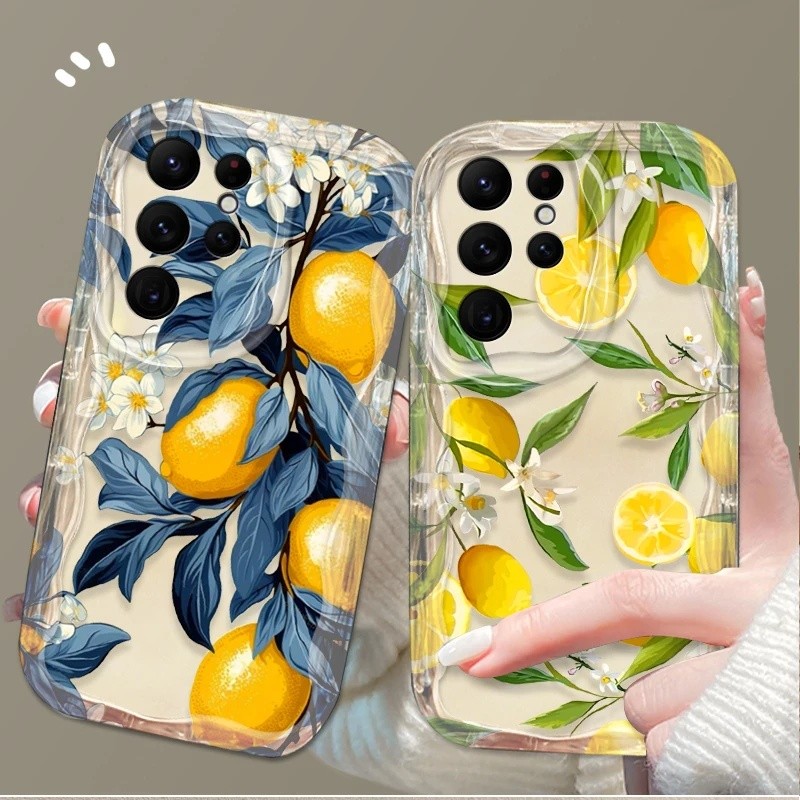 Capa Transparente com Estampa de Flor de Limão para Samsung Galaxy S25 S24 Ultra S23 S22 S21 Plus FE A56 A36 A26 A16 A06