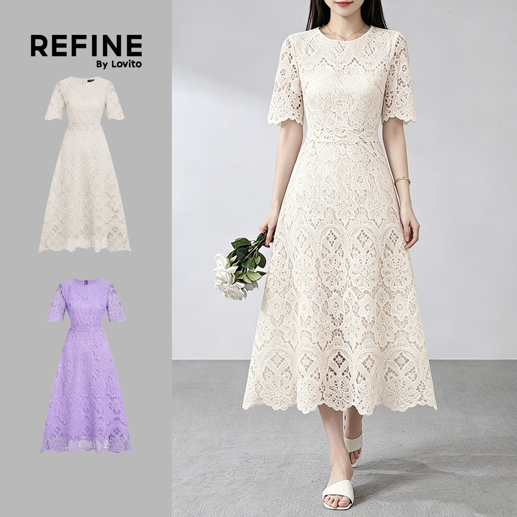 (Refine by Lovito) Vestido Feminino Elegante de Renda Oca com Babado Grande Prim