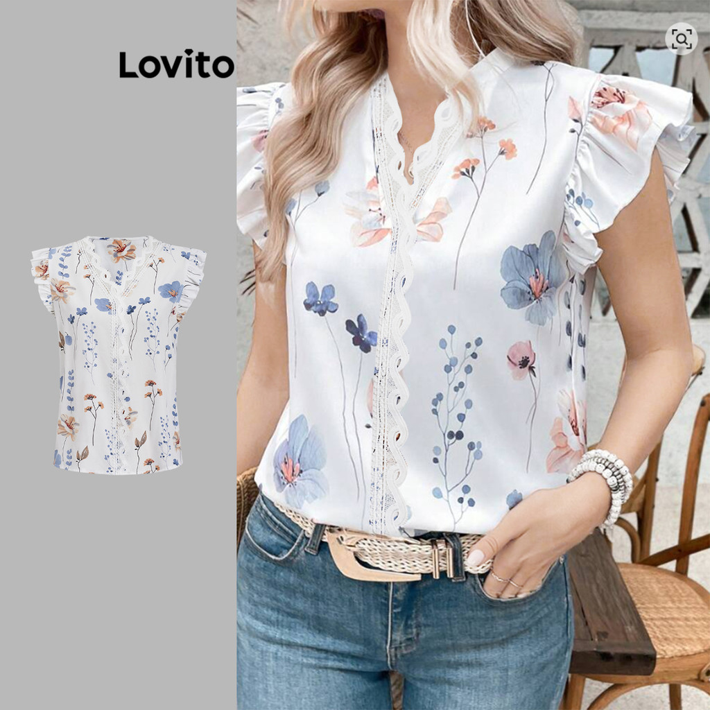 Lovito Casual Blusa Ditsy Floral Ruffle Neck Blusa De Verão Para Mulheres L112ED827