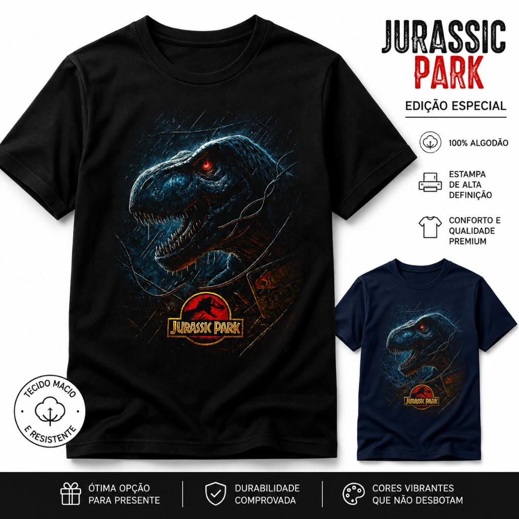 Camiseta Estampa Dinossauro T-Rex | JURASSIC PARK | Vintage Unissex 100% Algodão Manga Curta Adulto e Infantil