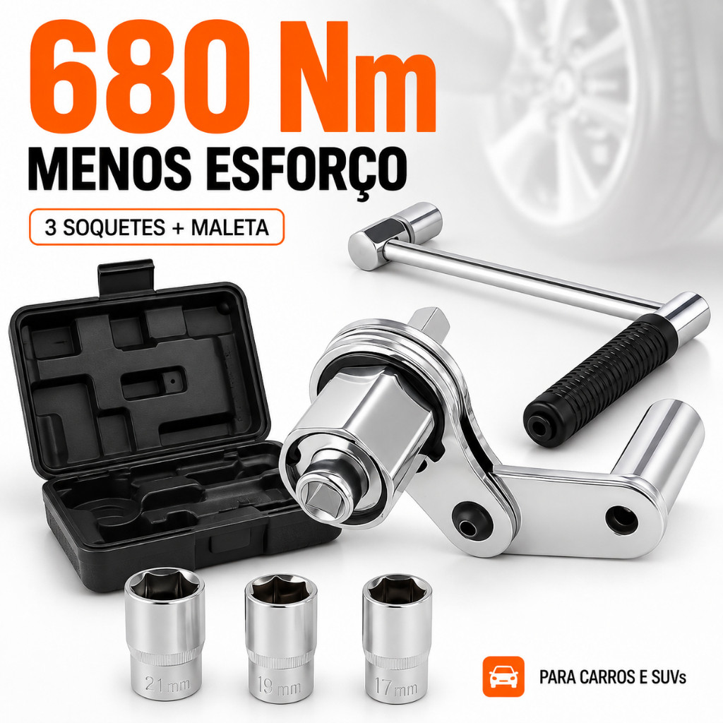 Kit Multiplicador de Torque 1/2" 680Nm com 3 Soquetes - Desforcímetro Portátil p/ Carros e SUVs c/ Maleta