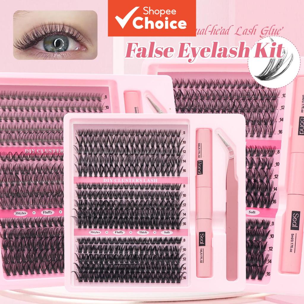 Kit de Extensão de Cílios DIY com Cílios em D de 8-16 mm, Clusters, Extensões com Aplicadores de Mascara Bond&Seal
