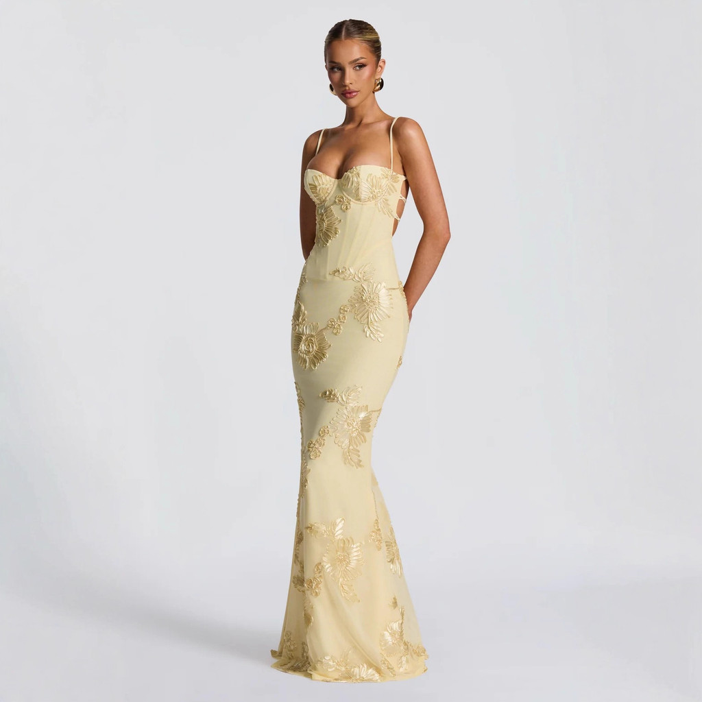 Vestido De Noite Embelezado Com Flores , Feminino Suspensório Para Banquete , Corte Justo , Costas Nuas , Cor Sólida