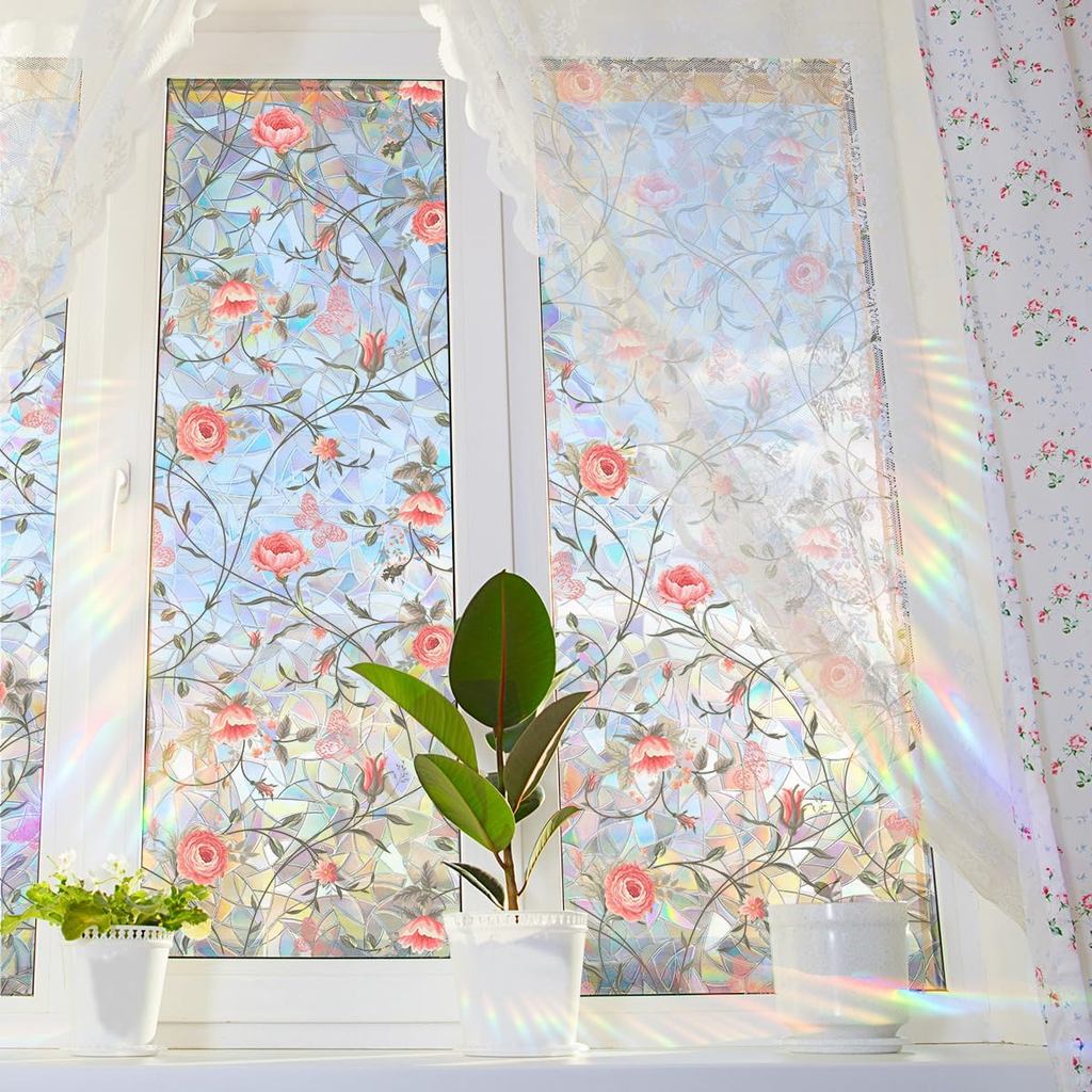 Película de Privacidade para Janelas Runtoo, Adesivos Florais de Rosa Arco-Íris, Vinil Decorativo 3D, Decalques de Flore