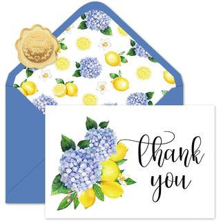 Whaline Pacote com 24 Cartões de Agradecimento com Flores de Hortênsia e Limão, Cartões de Notas com Envelope e Adesivo,