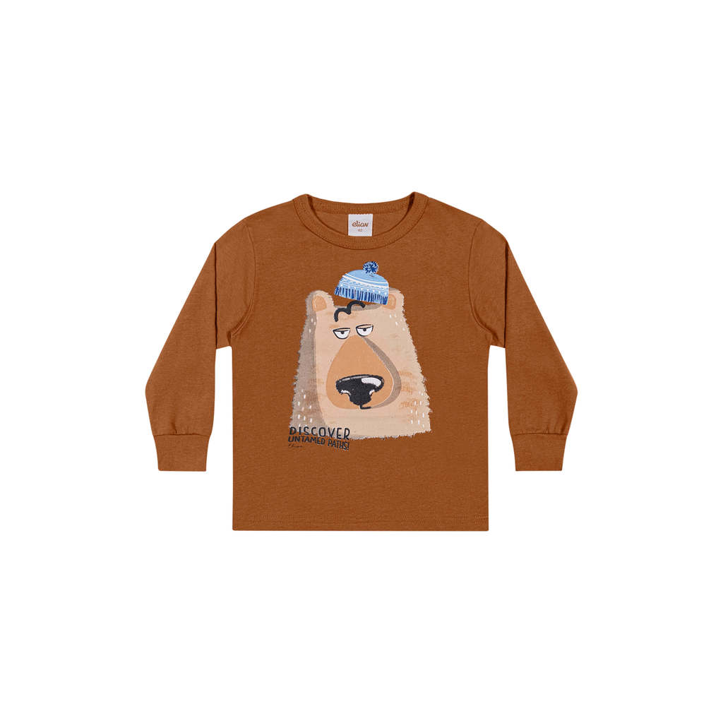 Camiseta Manga Longa Infantil Menino Urso Elian Marrom