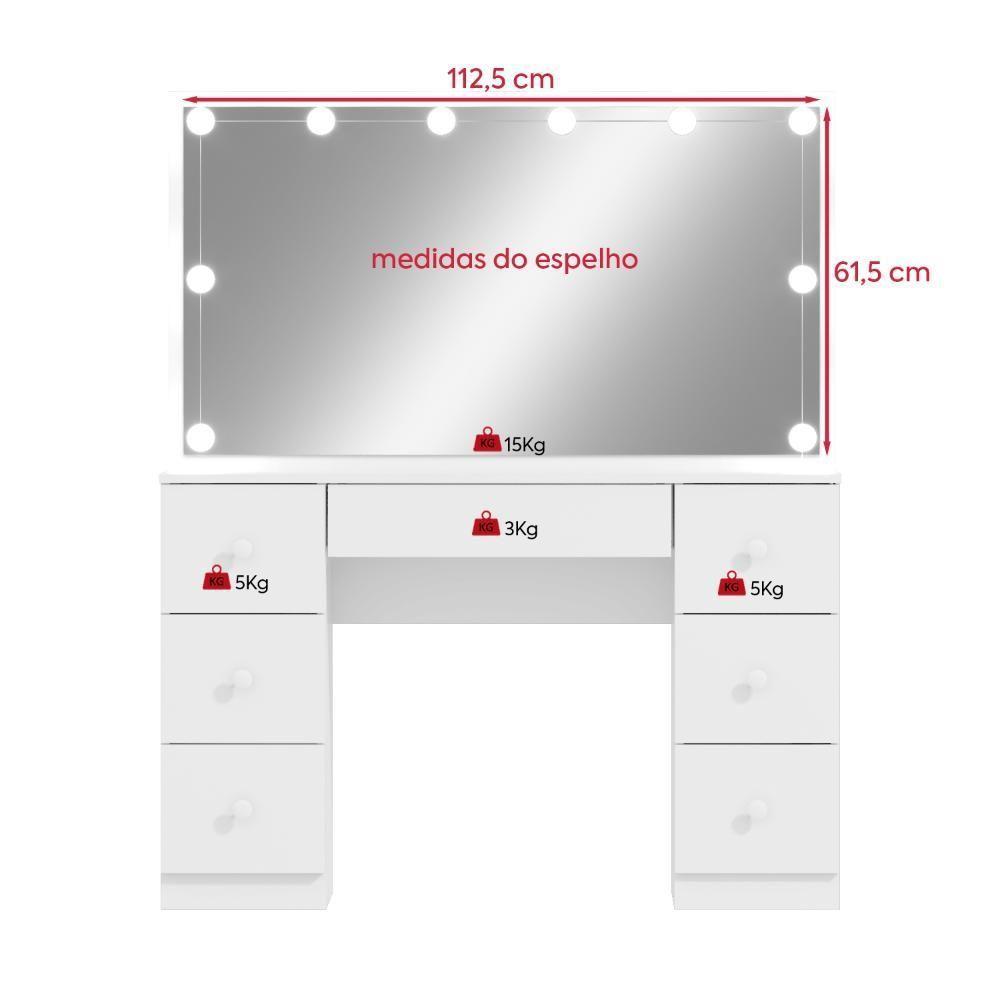 Penteadeira Lívia 7 Gavetas com Espelho LED MDP Branco Móveis Lopas — imagem 2 de 2