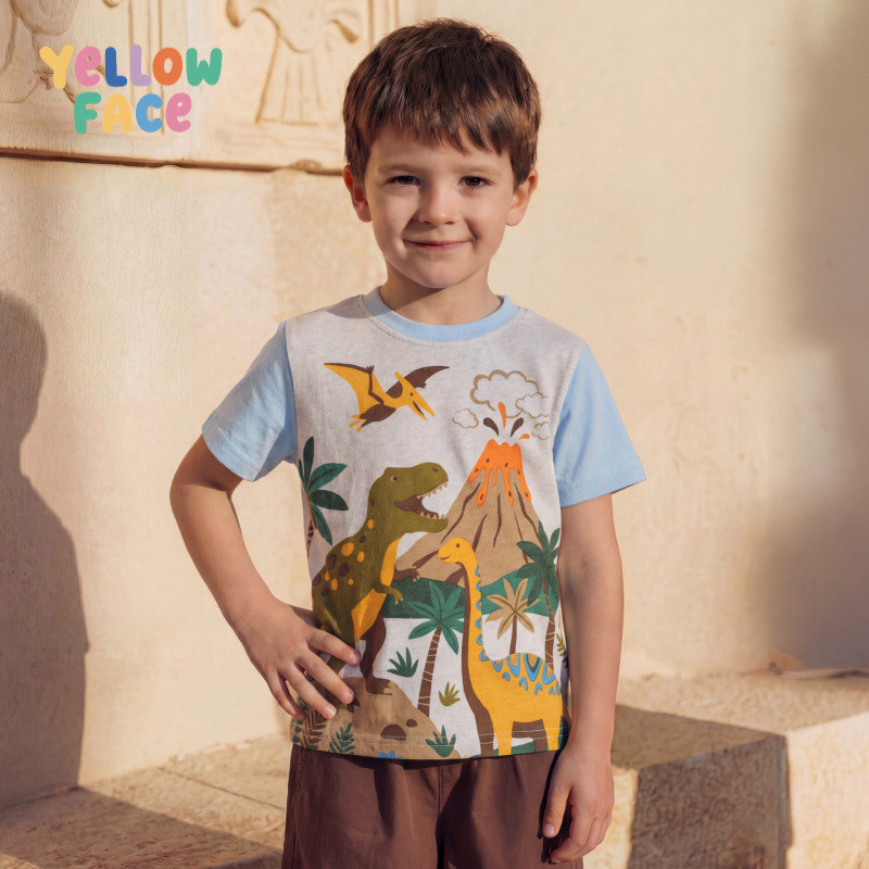 26 verão novo estilo meninos camiseta de manga curta europeu americano moda dinossauro impressão crianças em torno do pe