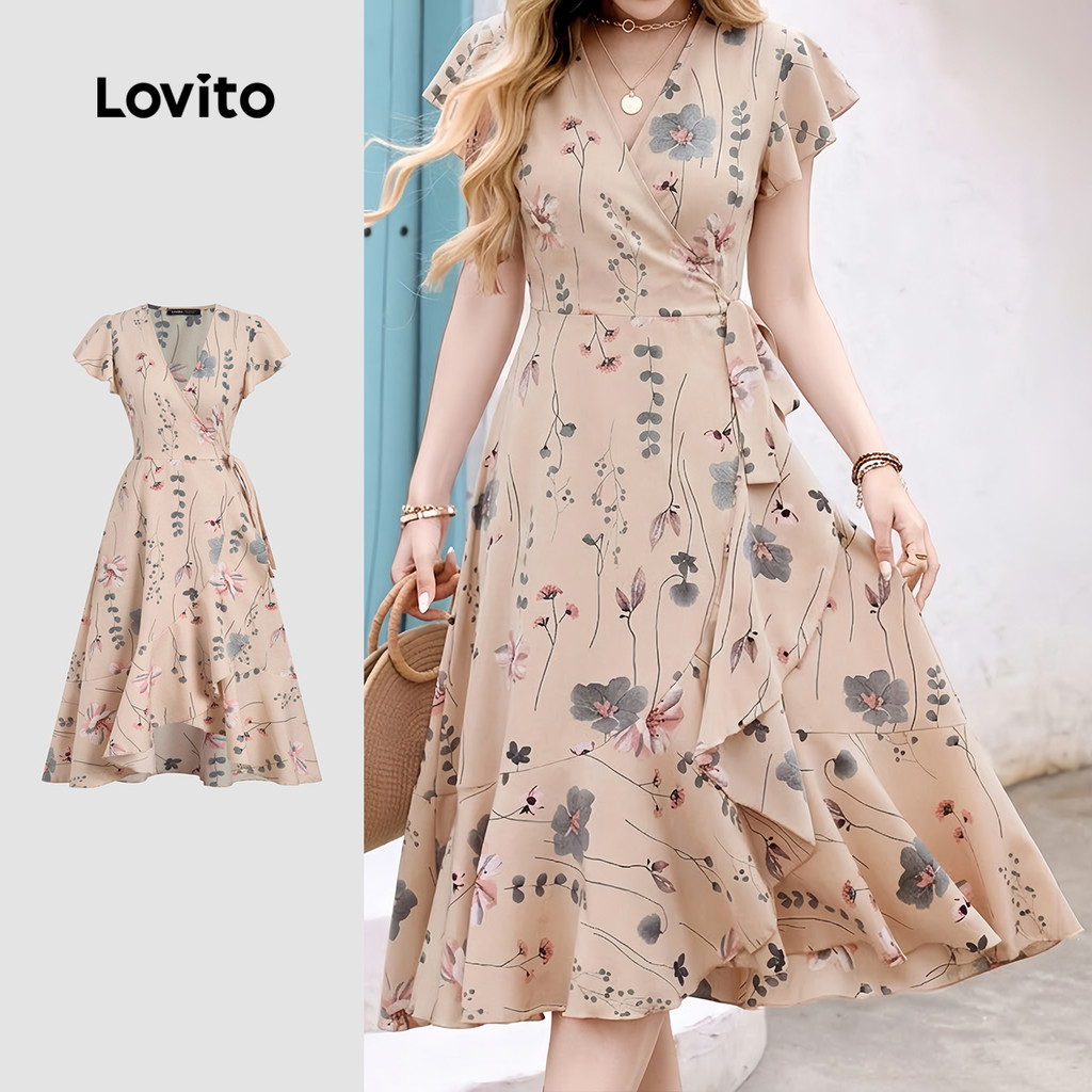 (New Arrival) Lovito Vestido Elegante Leve em Caqui Claro para Mulheres primaver