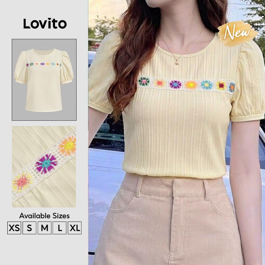 (New Arrival) Lovito Blusa Feminina Khaki Boho De Manga Curta Gola Redonda Renda E Pregas Para Primavera/Verão Férias BLB201P1D790