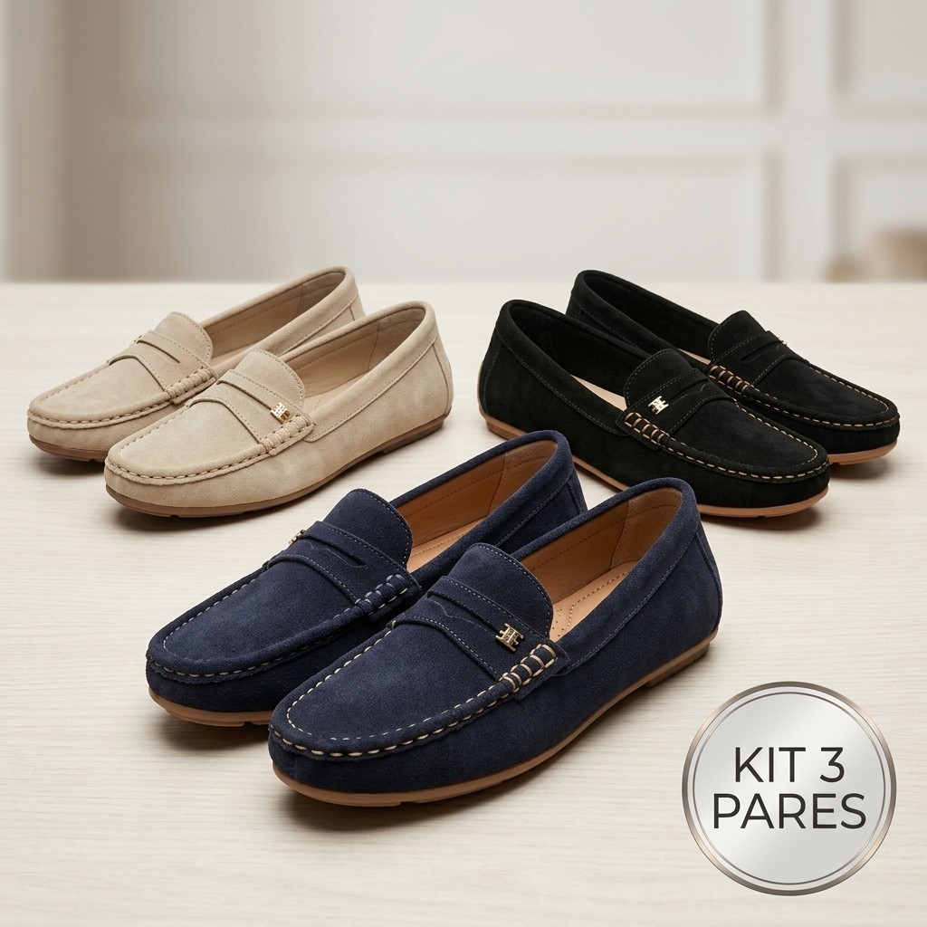 Kit 3 Pares Mocassim Feminino Confortável Casual Loafer Sapatilha Solado Baixo Dia a Dia