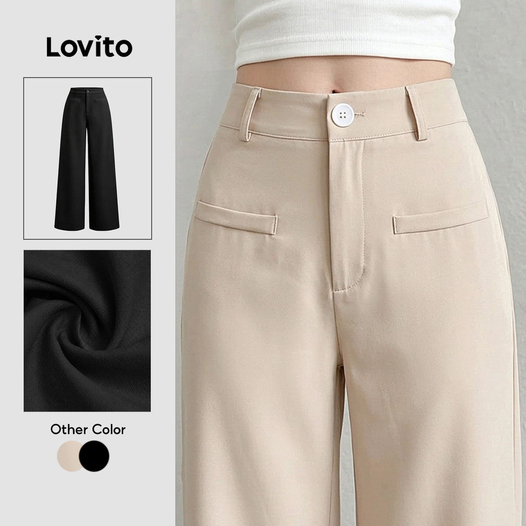 Lovito Calça Casual Feminina Primavera/verão Calça Cáqui Clara com Zíper de Botão e Bolso falso LK6EDD166
