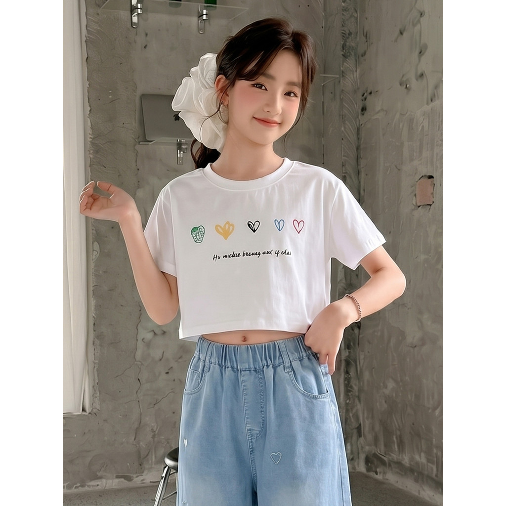 Meninas camiseta curta verão 2026 versão coreana coração impresso camiseta crianças grandes meninas roupas de verão umbi