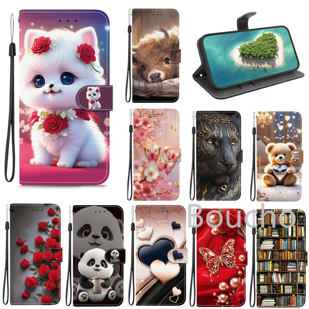 Gato Fofo Panda Borboleta Leão Carteira De Couro Magnético Flip Capa De Telefone