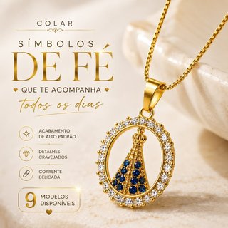 Colar Religioso Nossa Senhora Aparecida e Cruz Dourado com Pingente Cravejado – 9 Modelos