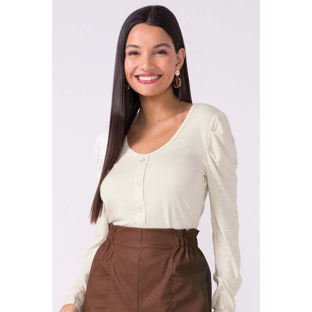 Blusa Feminina Decote U Com Botões Marialícia Bege