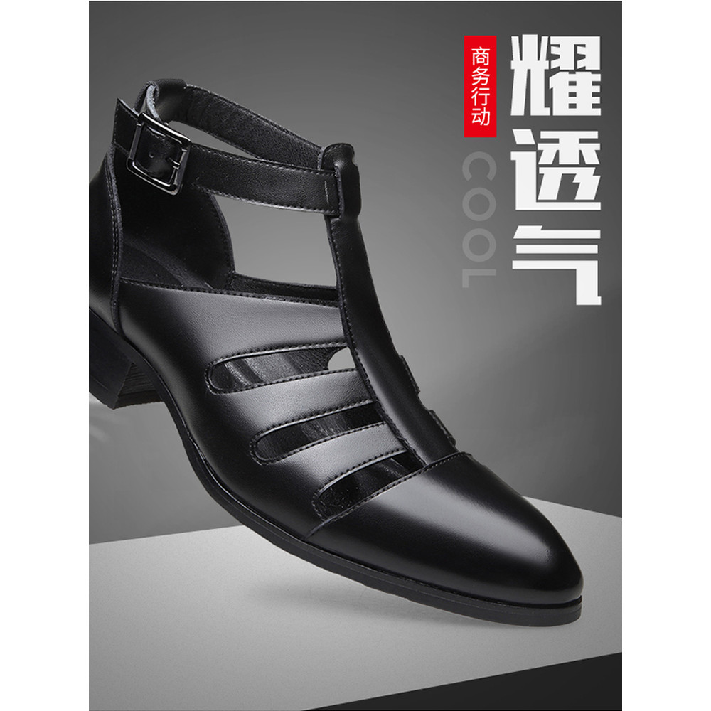 Sandálias masculinas de couro genuíno, estilo britânico, bico fino, salto alto, sapatos formais de couro, verão, oco, re