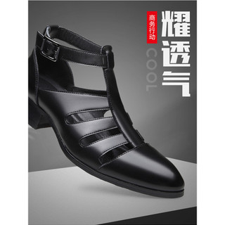 Sandálias masculinas de couro genuíno, estilo britânico, bico fino, salto alto, sapatos formais de couro, verão, oco, re
