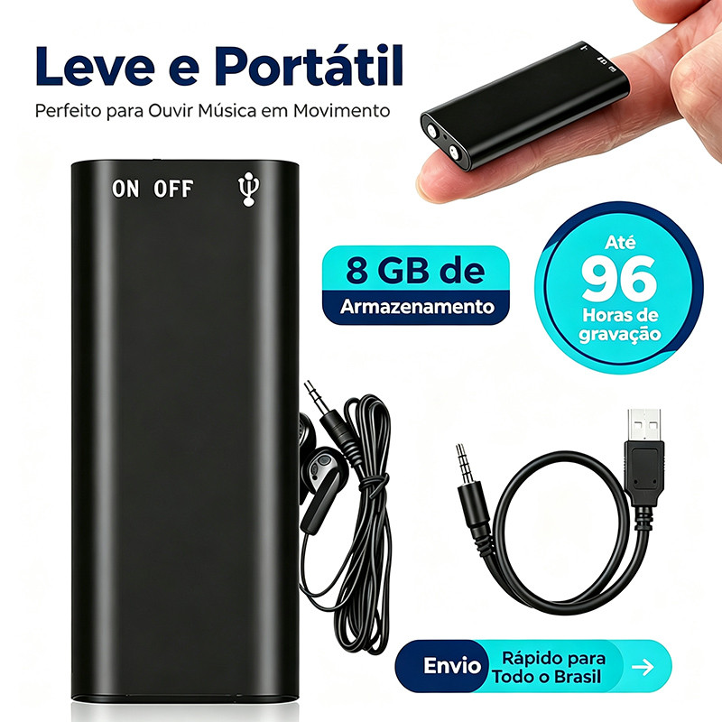 Gravador De Voz Mini Discreto 8GB, Micro Escuta Oculto, 96 Horas Gravação, Função MP3 Para Carro Casas