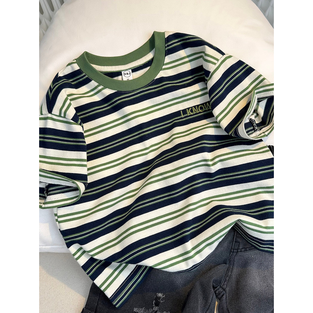 Meninos bonito listrado de manga curta camiseta verão novo estilo crianças estilo fino respirável topo meninos verão cam