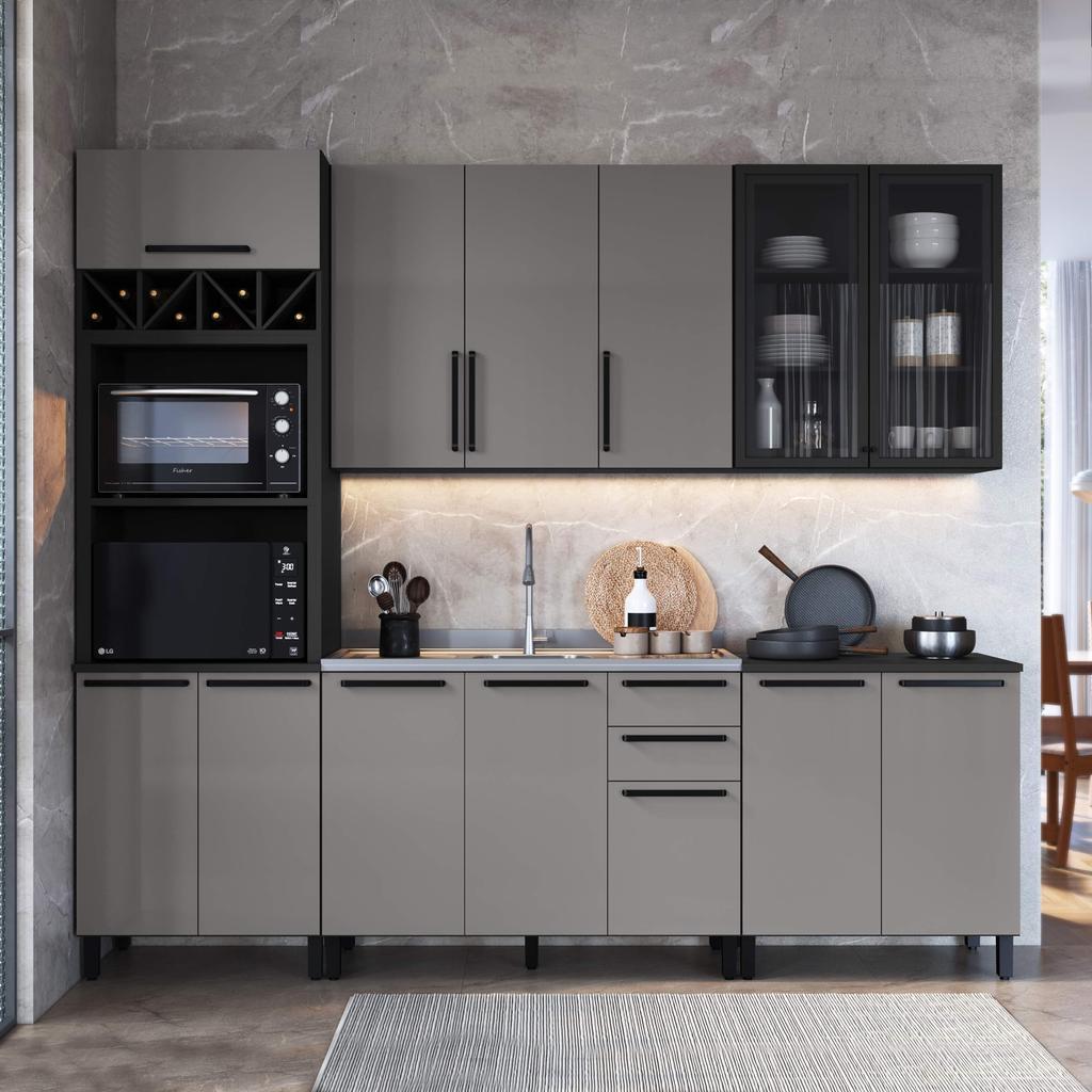 Armário de Cozinha Modulada Completa Fidelitá Mônaco 5 Peças 270cm 12 Portas 3 Gavetas Sem Tampo Chumbo/Titânio