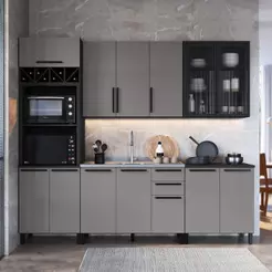 Armário de Cozinha Modulada Completa Fidelitá Mônaco 5 Peças 270cm 12 Portas 3 Gavetas Sem Tampo Chumbo/Titânio