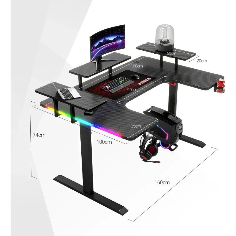 Mesa Gamer em L 160cm com LED RGB Suporte para Monitor CPU Porta-Copos e Headset