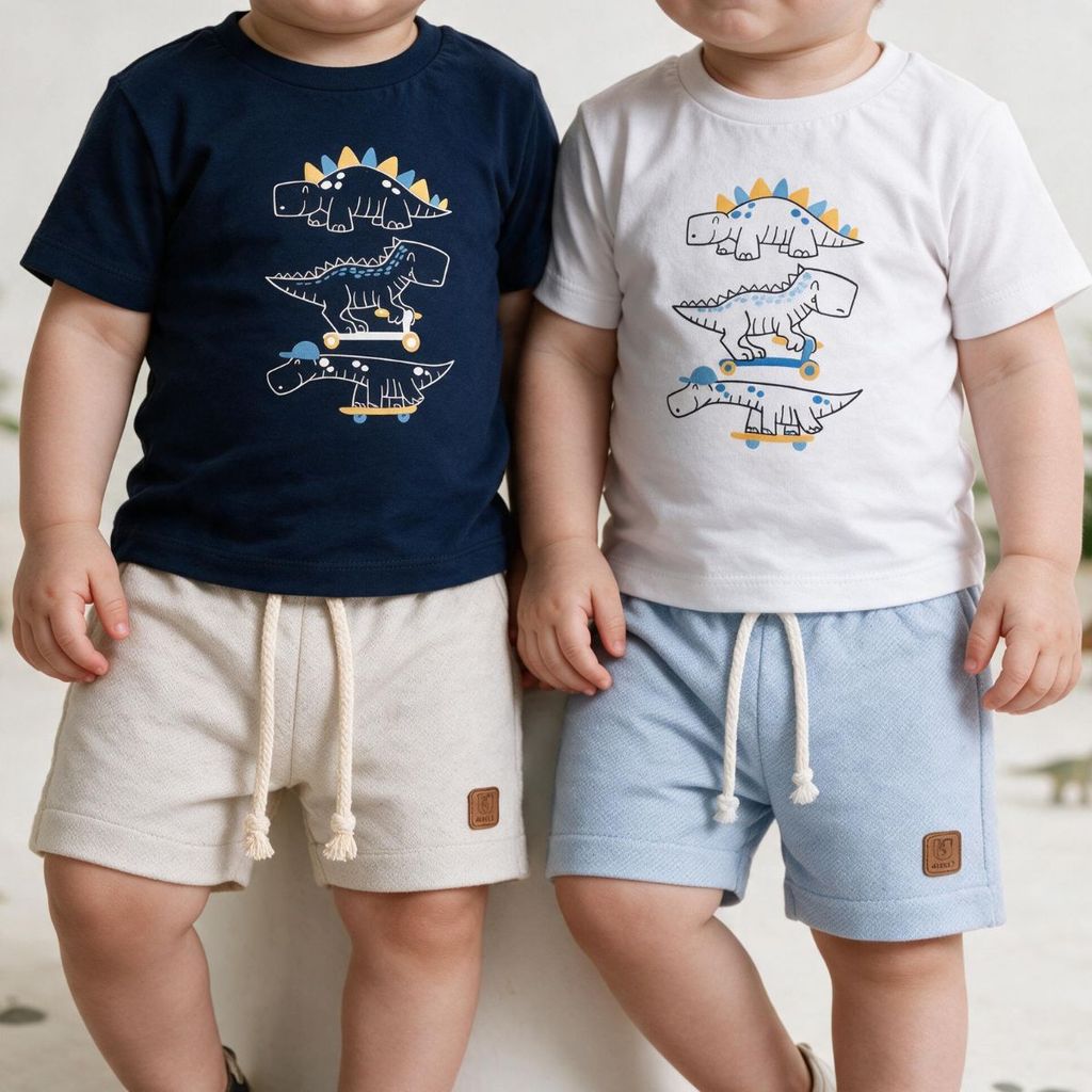 Conjunto Infantil Menino Dinossauro Kit Camiseta Bermuda Moda Verão Visual Infantil Camiseta Algodão