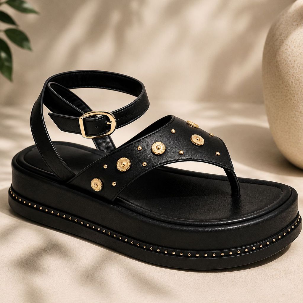 Papete Flatform Feminina Apliques Dourados Fivela Ajustável Tira Tornozelo Moderna Confortável Solado Anatômico Casual