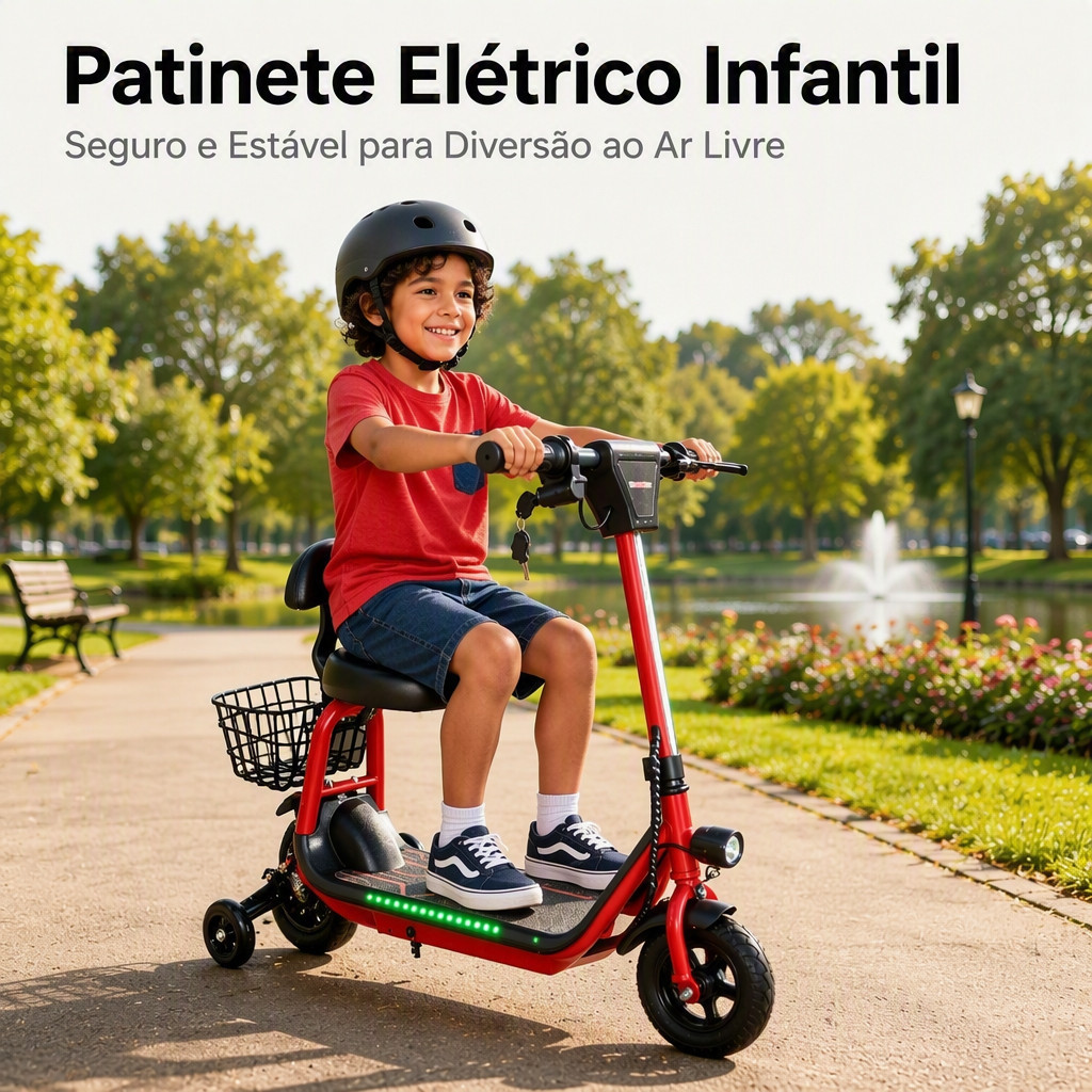 Patinete Elétrico Infantil 300W Pneu 8 Pol Assento com Encosto Cestinho LED