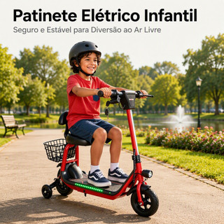 Patinete Elétrico Infantil 300W Pneu 8 Pol Assento com Encosto Cestinho LED