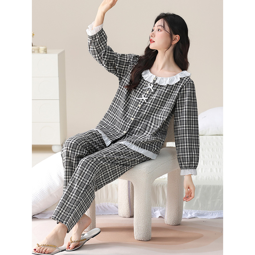 Pijamas femininos primavera outono estilo tecido puro algodão gaze manga longa feminino outono algodão estilo fino outon