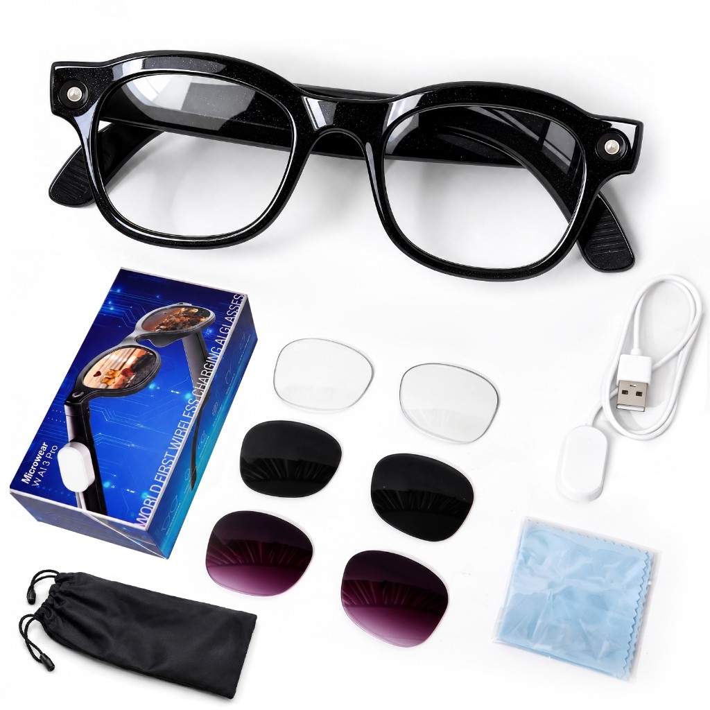 Óculos Inteligentes W‑AI3 Câmera 13MP Vídeo 1200P 3 Lentes Magnéticas Bluetooth Open‑Ear IA