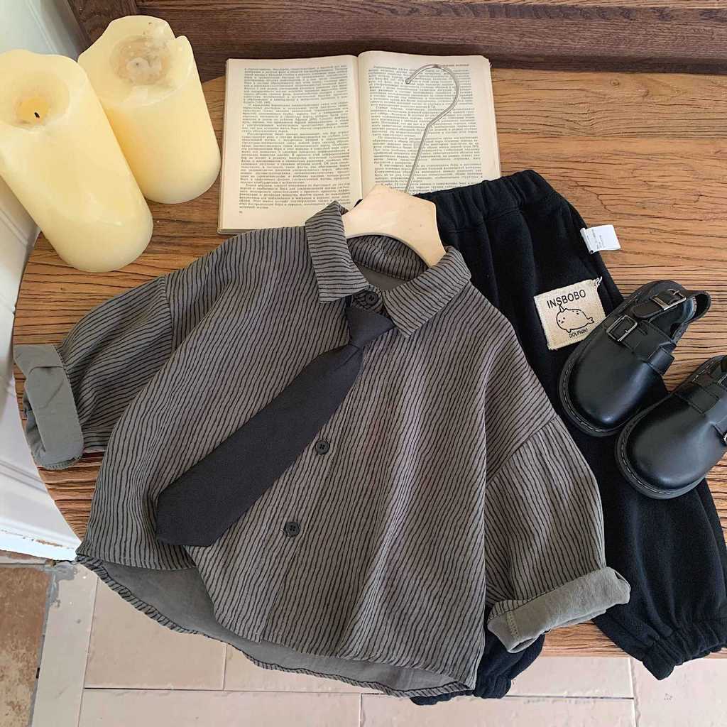 Camisa para meninos, novo estilo de primavera e outono, camisa listrada de manga comprida para bebês e crianças pequenas