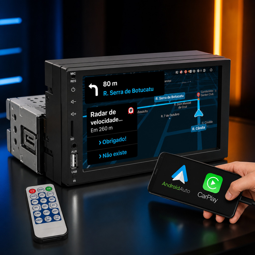 Central Multimídia MP5 1 Din 7 Polegadas Tela Retrátil CarPlay Android Auto Bluetooth Espelhamento USB Viper-X