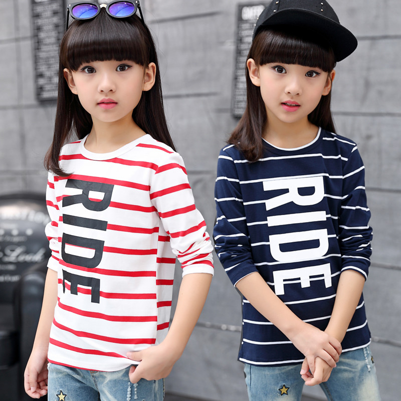 2021 outono novo estilo em torno do pescoço médio grande meninas crianças listrado camiseta coreano menina de manga comp