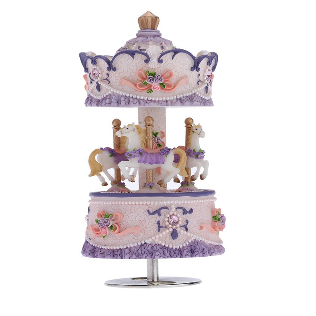 Andoer Laxury Windup 3-Horse Carousel Music Box Creative Artware/Gift Melody Castle in The Sky Pink/Roxo/Blue/Gold