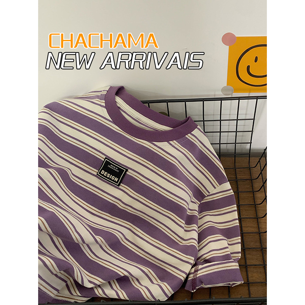Tea Mom Roupas infantis Meninos Camiseta de manga comprida Primavera Outono Novo estilo Crianças Roxo Listrado Tops Médi