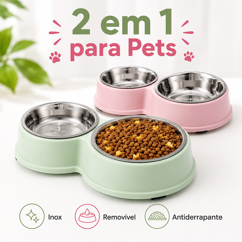 Bebedouro Comedouro Duplo Inox Para Gato Cachorro Bicho De Estimação