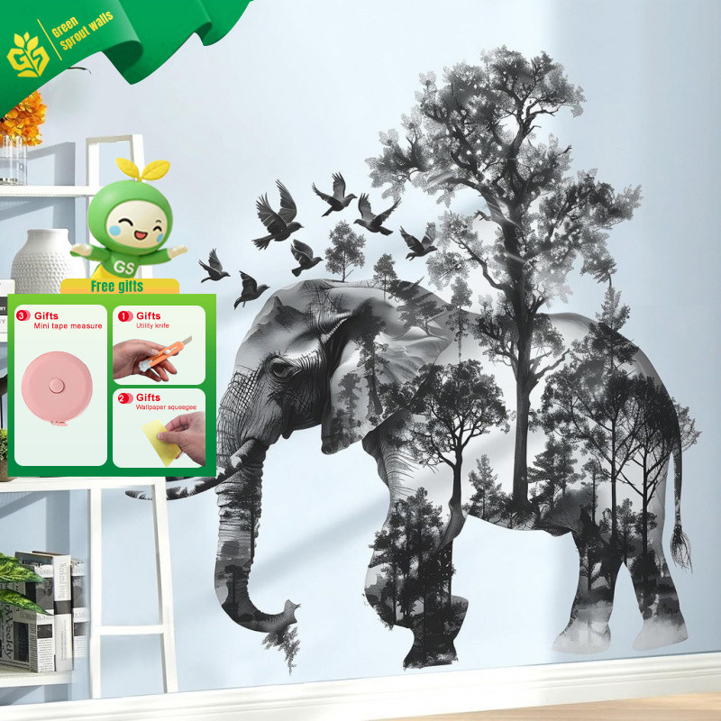 Arte silhueta elefante floresta adesivo de parede preto branco Asuka PVC fosco autoadesivo simples sala de estar quarto 