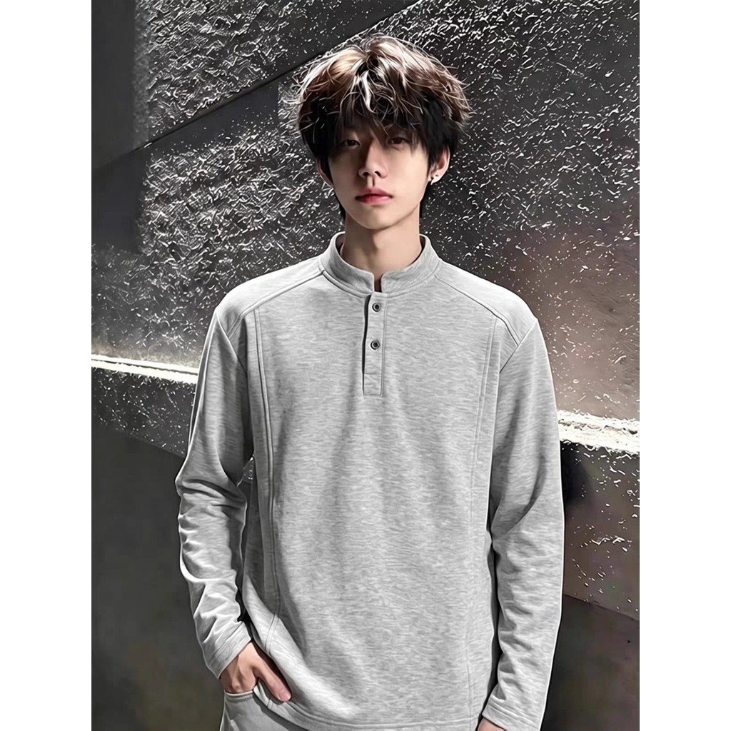 Cinza claro americano Henry colarinho moletom masculino primavera Street Wear genuíno ombro de manga comprida camiseta P