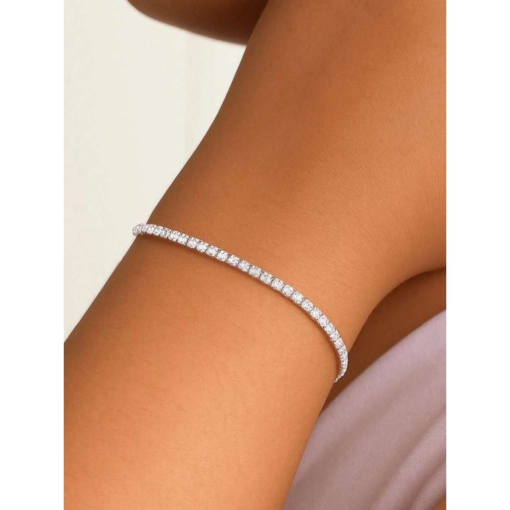Pulseira Riviera Fina Unissex Aço Inox Zircônia Prateado Extensor até 20cm Bijuteria Premium