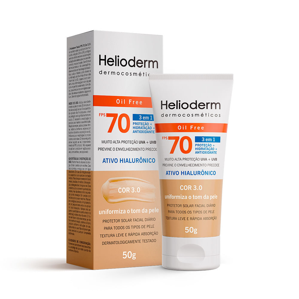 Protetor Solar Facial Helioderm Oil Free 3 em 1 FPS 70 Cor Bege Médio 50g