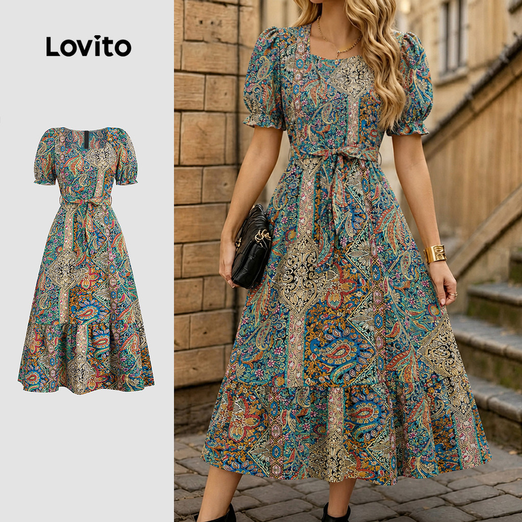 Lovito Vestido Elegante Boho Com Cinto Modelo De Vestido De Primavera/Verão Feminino DRBR37BR037