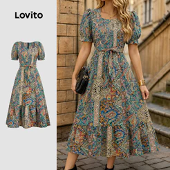 Lovito Vestido Elegante Boho Com Cinto Modelo De Vestido De Primavera/Verão Feminino DRBR37BR037
